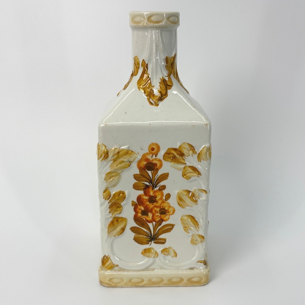 Italian Ceramic Bottle Vase Embossed Floral Design Vintage Hand-Painted Decanter